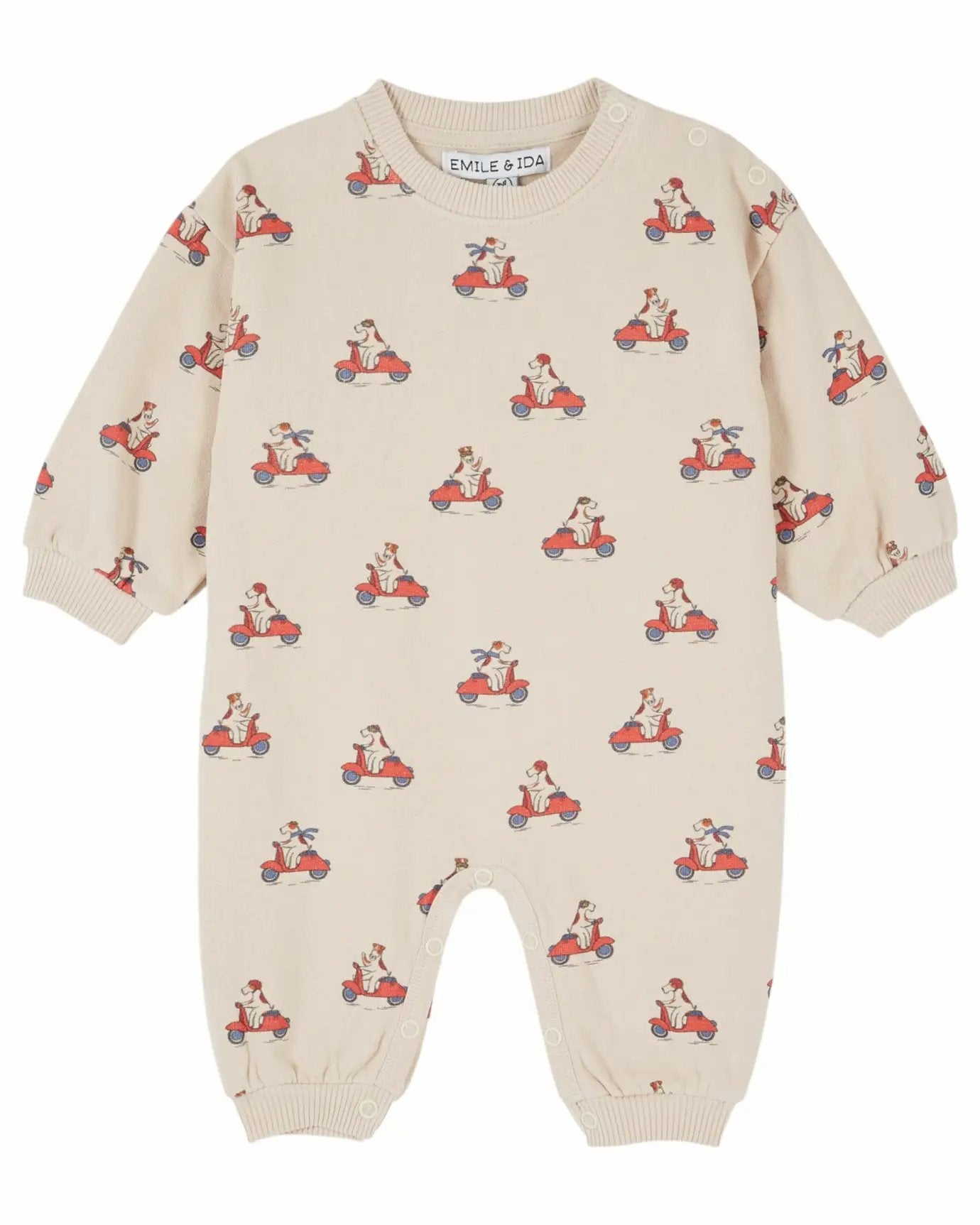 Emile et Ida combi beige baby pajama with red dog-on-scooter print
