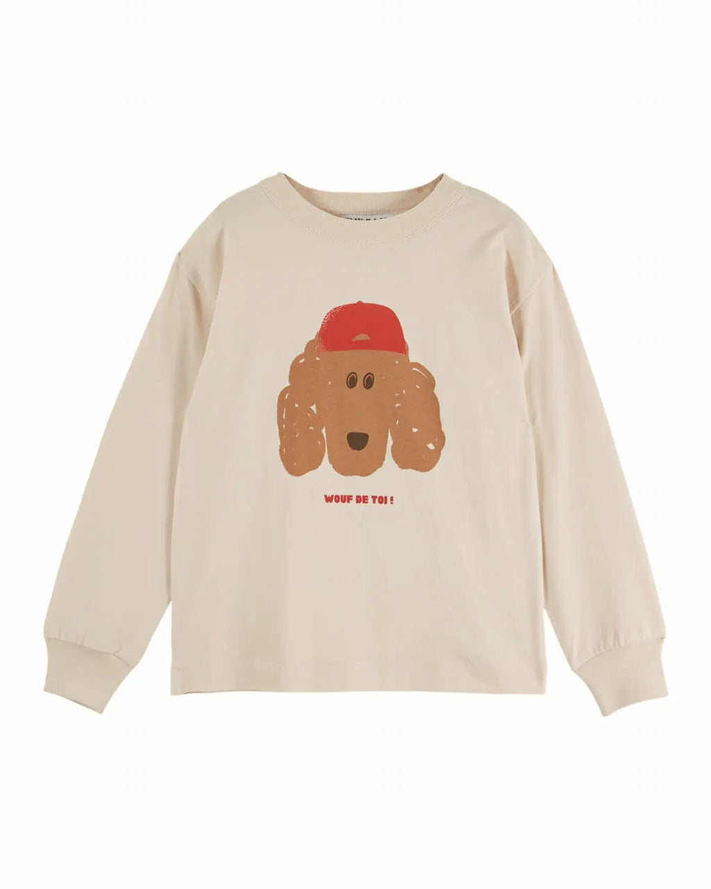 Emile et Ida dog t-shirt in beige long-sleeve with cartoon dog wearing a red cap and small red slogan text