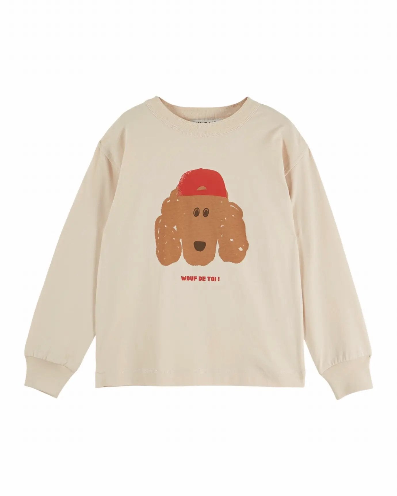 Emile et Ida dog t-shirt in beige long-sleeve with cartoon dog wearing a red cap and small red slogan text