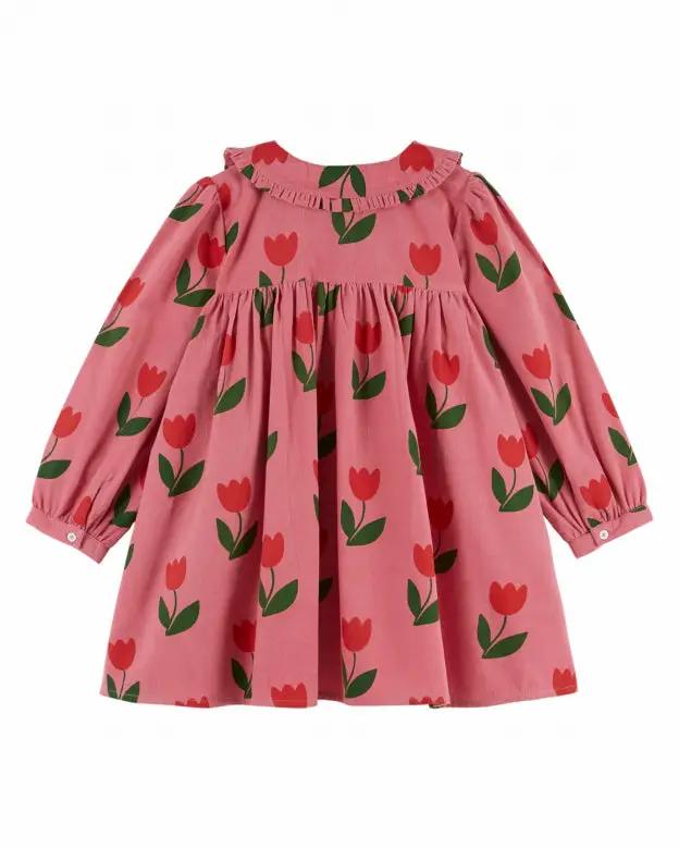 Robe EMILE ET IDA en velours pour enfants Citron Grenadine rose à tulipes rouges et feuilles vertes