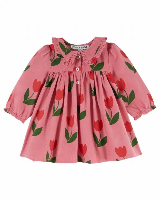 Robe en velours EMILE ET IDA Citron Grenadine, rose à motif tulipes rouges pour bébé/enfant