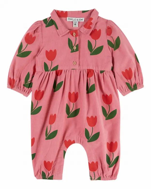 Emile et Ida combi velours pink baby romper with large red tulips and green leaves, Citron Grenadine