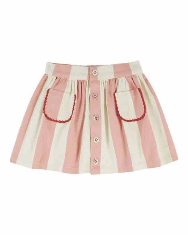 EMILE ET IDA jupe rayures larges rose et crème, boutons centraux et poches à rebord rouge