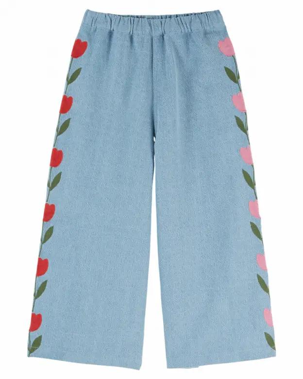 EMILE ET IDA pantalon denim brodé tulipes bleu délavé, bas de pantalon