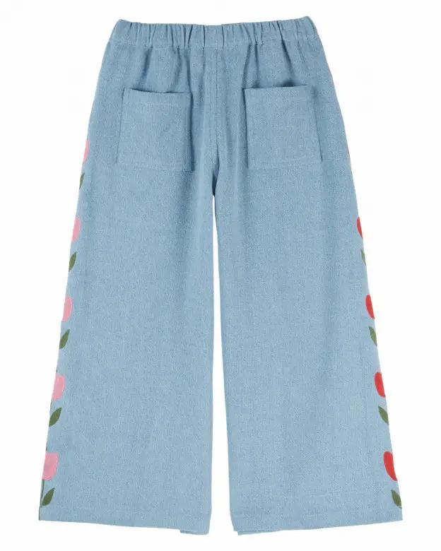 Pantalon EMILE ET IDA en denim bleu délavé avec broderies tulipes sur les côtés, Citron Grenadine