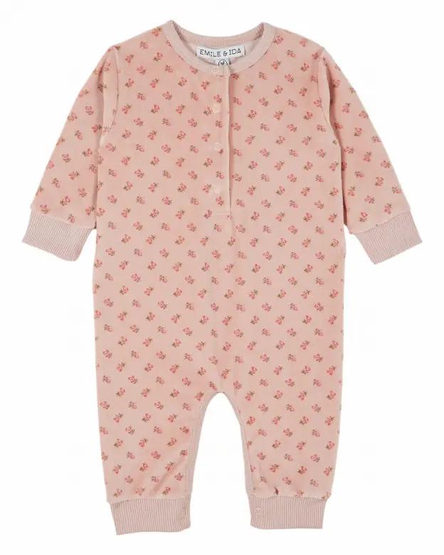 Emile et Ida combi velours marjolaine baby romper in pink with small floral print