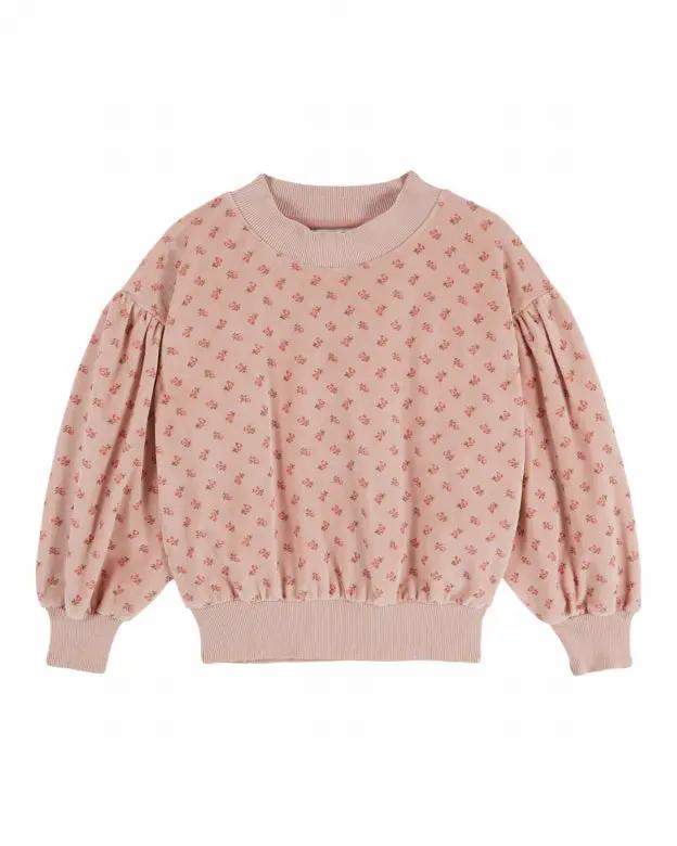 EMILE ET IDA sweat velours marjolaine pink floral print sweater by Citron Grenadine, puff sleeves