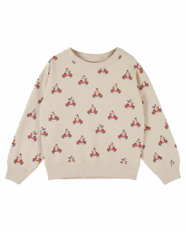 Emile et Ida beige fleece sweatshirt with all-over red dog-on-scooter print, Citron Grenadine