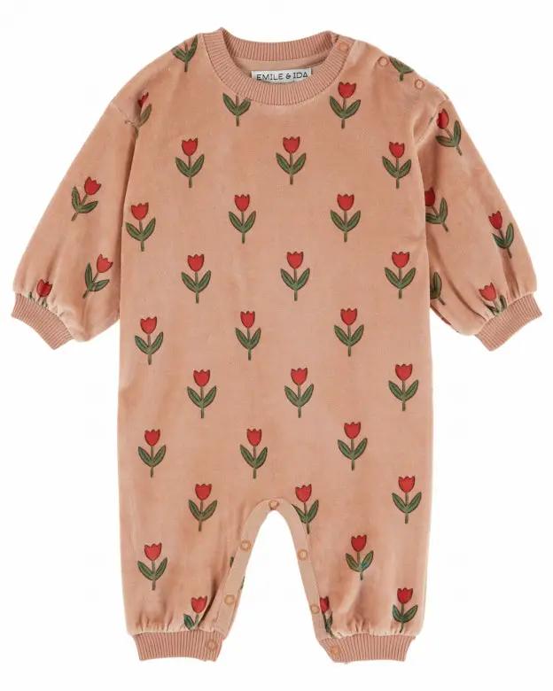 Combi velours Emile et Ida soliflore pour bébé, rose clair imprimé tulipes rouges.