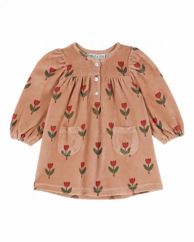 Robe bébé en velours saumon avec tulipes brodées et poches, EMILE ET IDA, Citron Grenadine.