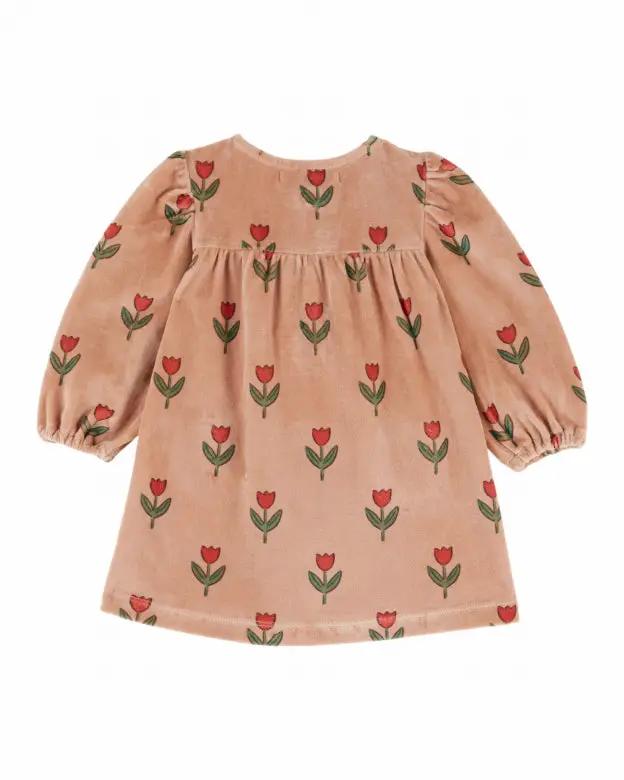 Robe bébé en velours Citron Grenadine, motif soliflore rouge sur fond pêche, manches bouffantes
