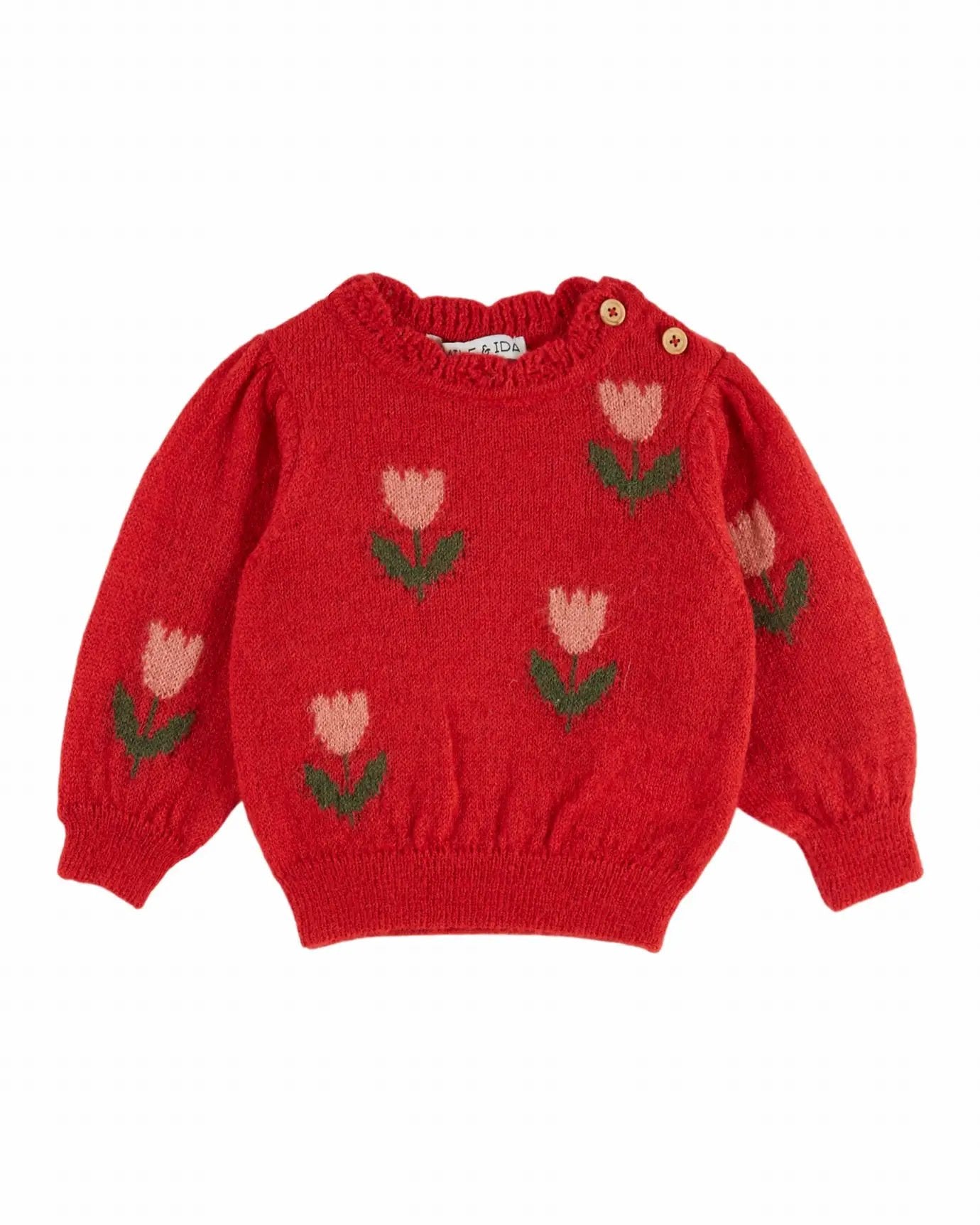 Emile et Ida red knit sweater with pink tulip intarsia pattern and wooden shoulder buttons