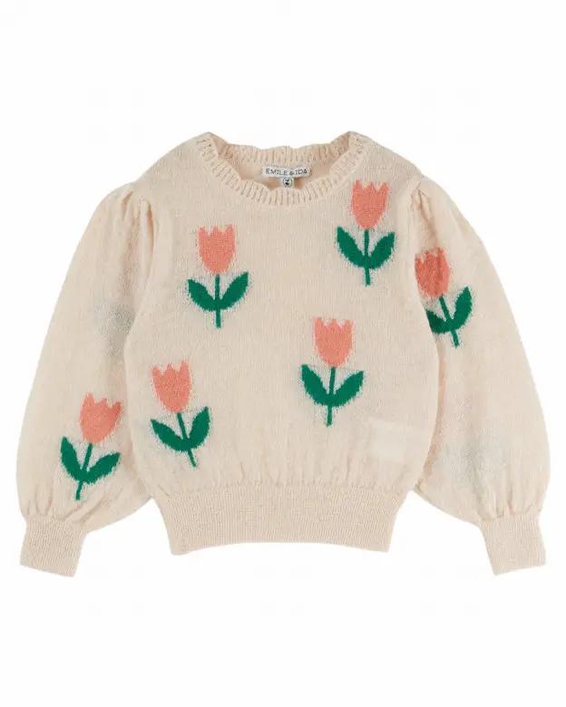 EMILE ET IDA pull intarsia tulipe rose sweater by Citron Grenadine, peach knit with pink tulips