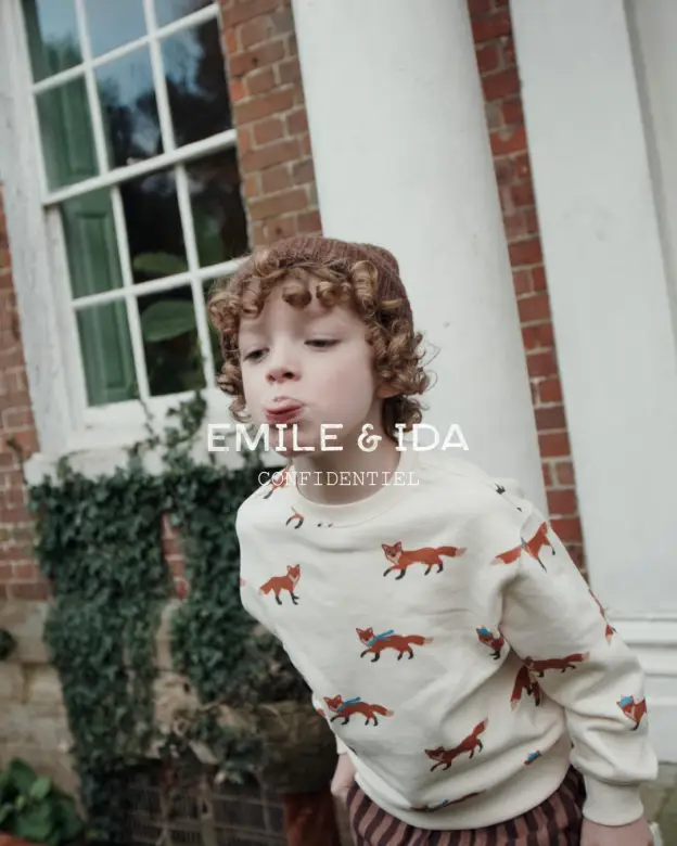 EMILE ET IDA sweat molletonné écru avec imprimés renards, Citron Grenadine – sweat-shirt enfant
