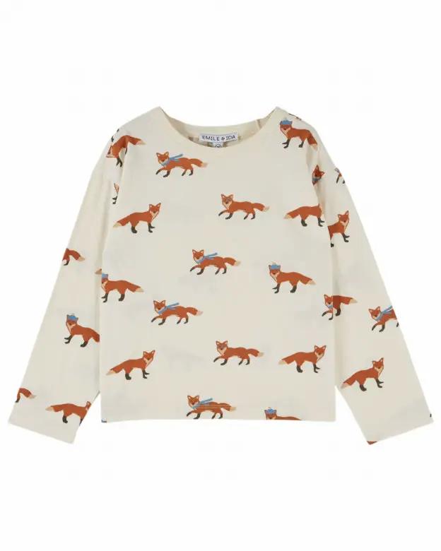 EMILE ET IDA t-shirt renard on écru with orange fox print, long sleeves