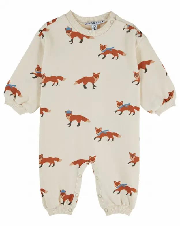 Emile et Ida combi molleton fox-print romper in cream by Citron Grenadine