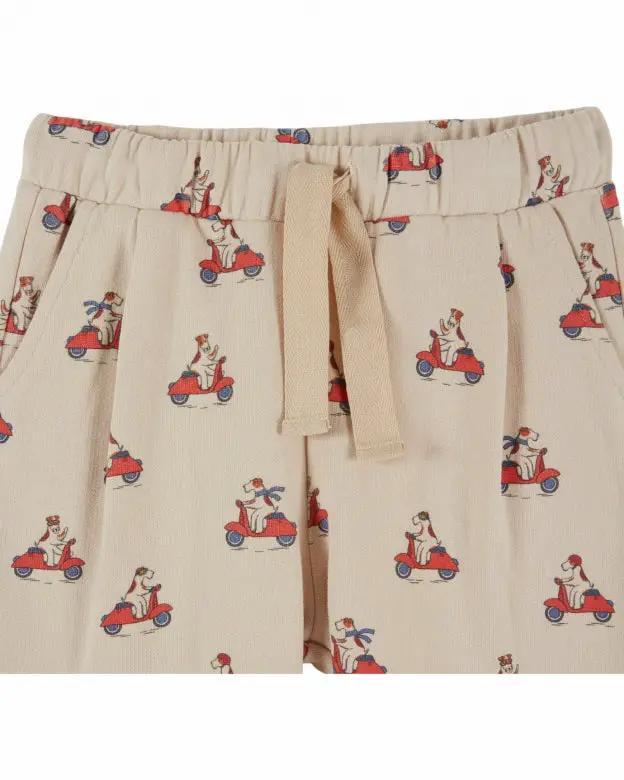 EMILE ET IDA jogger pant beige with dog-on-scooter print, Citron Grenadine