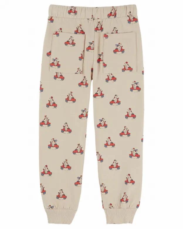 EMILE ET IDA jogger pants beige with Citron Grenadine grand dog farine print; cuffed ankles and front pockets