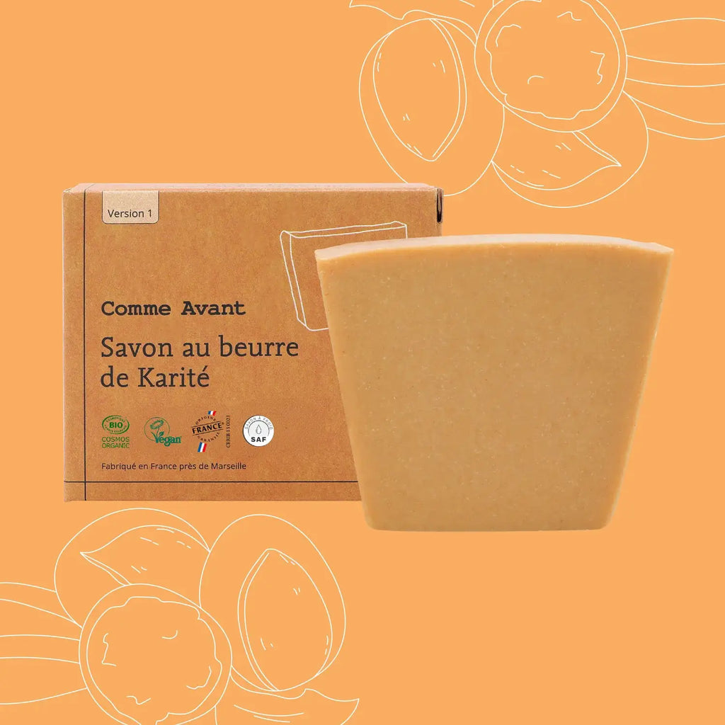 Savon solide COMME AVANT au beurre de karité, 1 boîte et 1 savon beige naturel