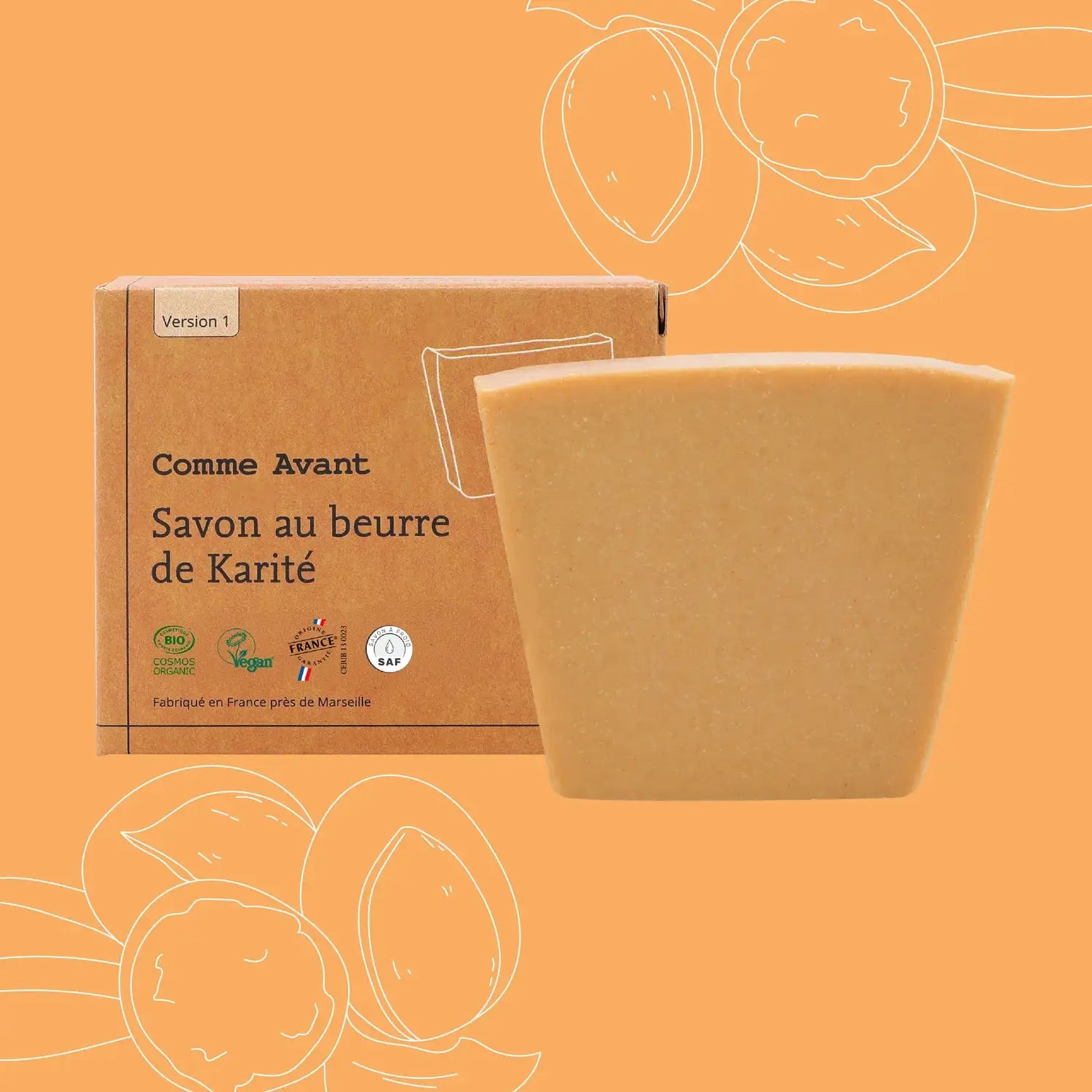 Savon solide COMME AVANT au beurre de karité, 1 boîte et 1 savon beige naturel