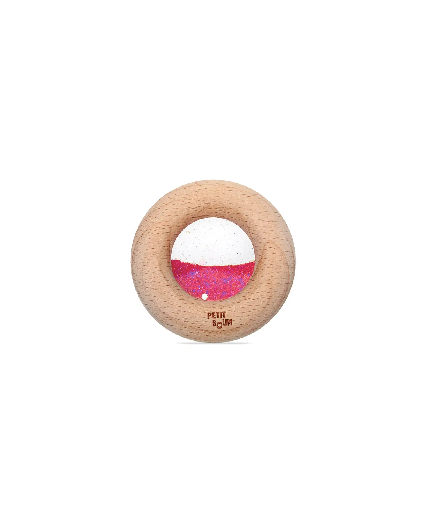 Petit Boum sensory donut teether in pink with wooden ring and glittery center