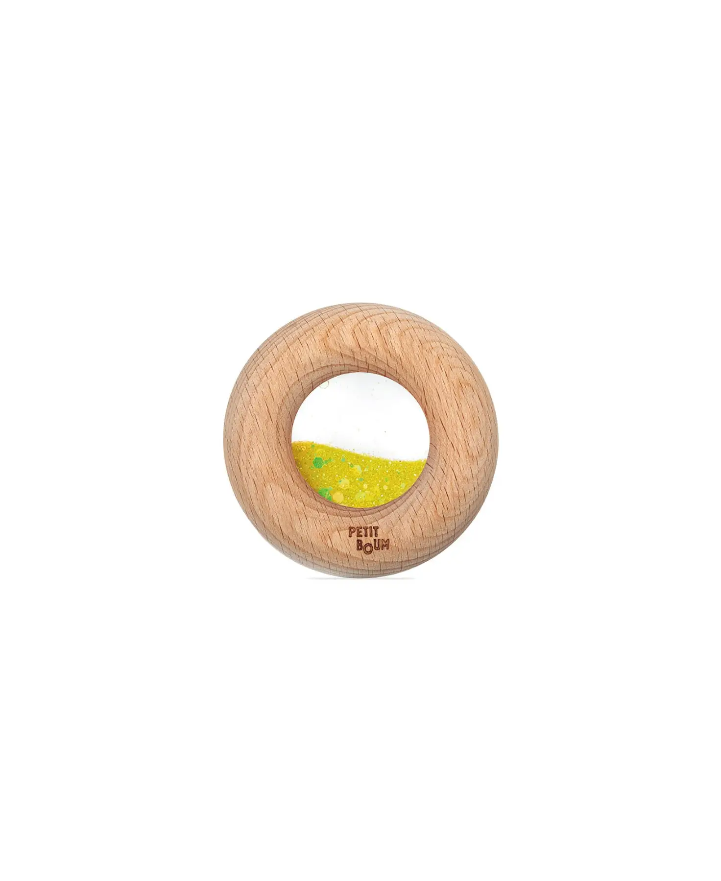 Wooden donut sensory toy with yellow speckled interior; Petit Boum by Citron Grenadine
