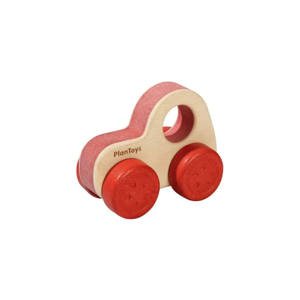 PlanToys wooden baby car toy for 6M+, red wheels, natural wood body