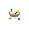 Plan Toys boite multiformes sorting toy; wooden gray bowl with shape-cut top and 4 colorful blocks