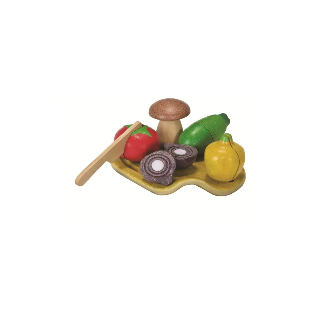 PlanToys wooden cutting vegetables play set on cutting board with knife