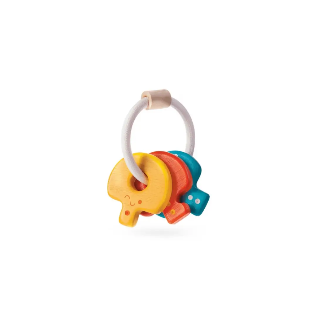 Plan Toys hochet clés en bois 0+ avec 3 éléphants colorés et anneau blanc