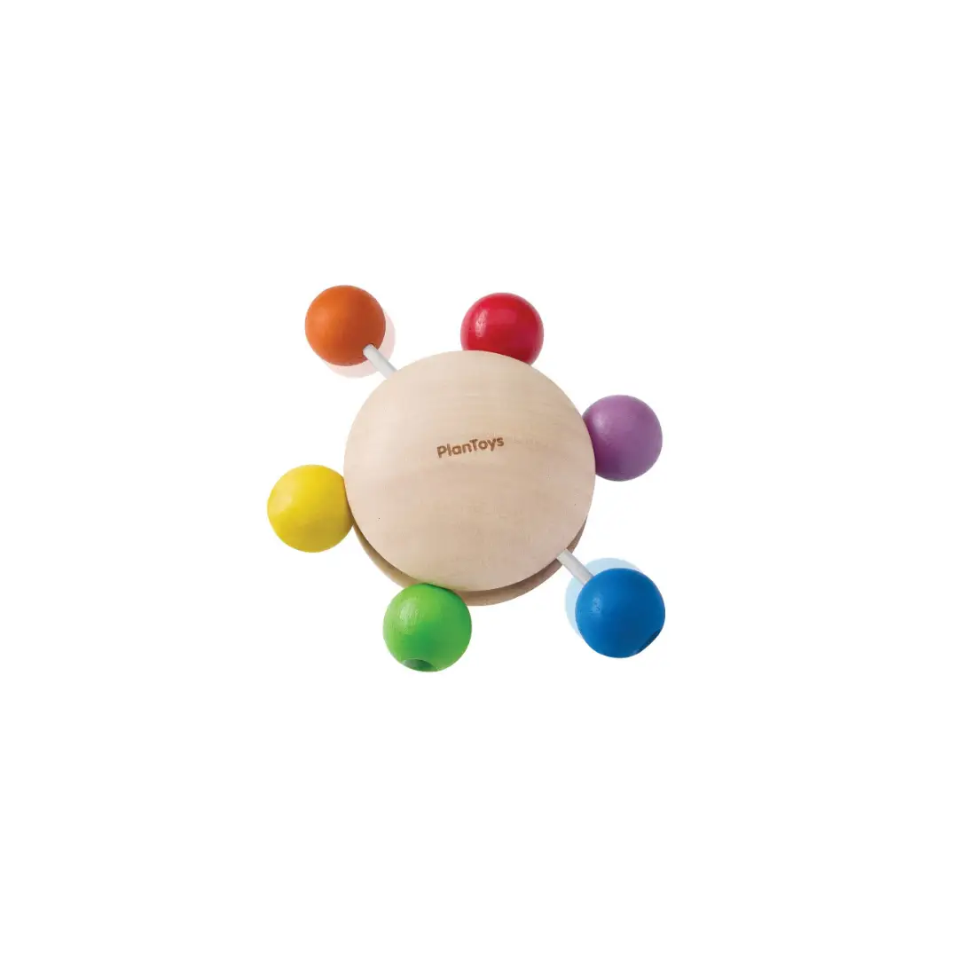 PlanToys wooden teething rattle with colorful beads around a natural wood center