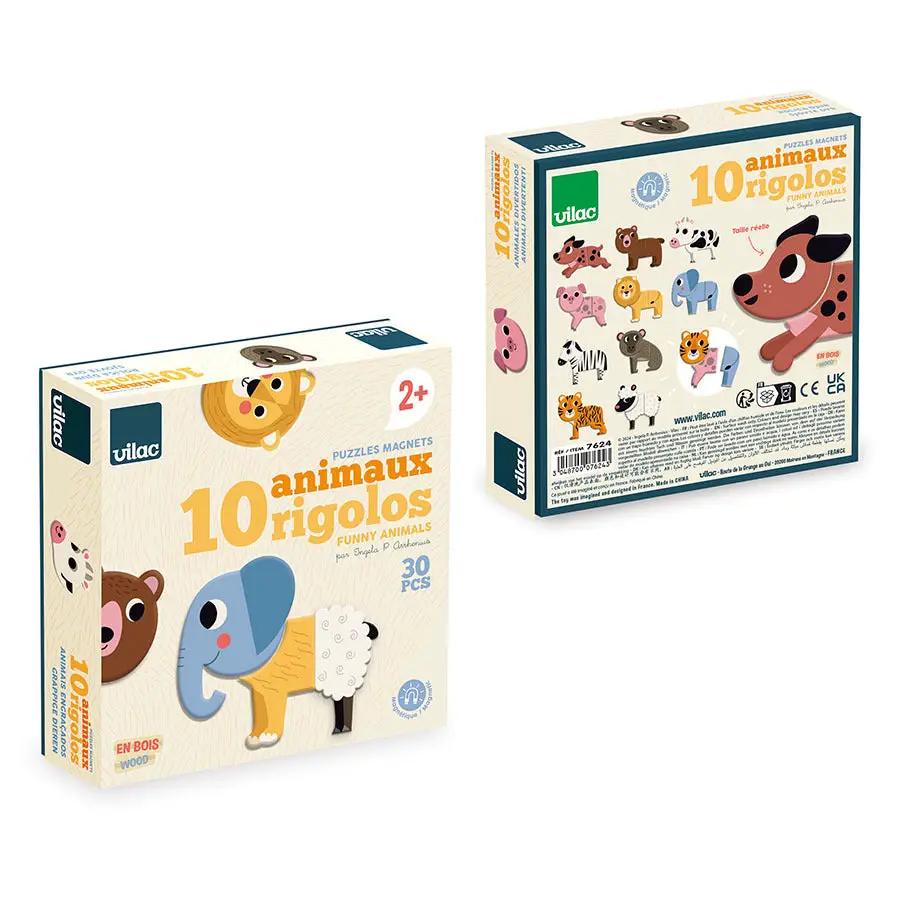 VILAC magnets rigolos wooden magnetic set, two boxes showing 10 animals, 30 pieces