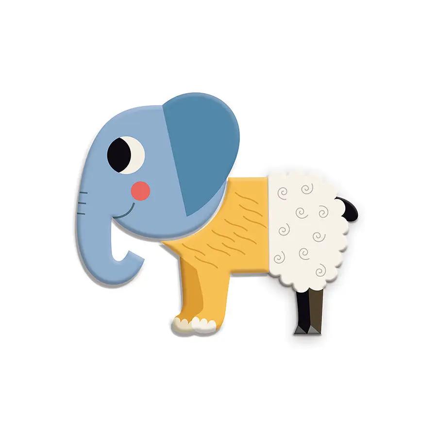 VILAC magnets rigolos elephant magnet toy, blue head, yellow body, white fluffy tail.