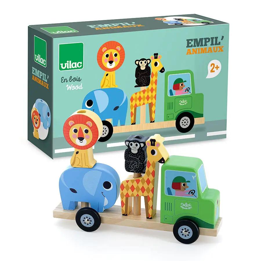 Jouet en bois VILAC Empil'Animaux: camion vert avec plusieurs animaux colorés à empiler sur socle en bois