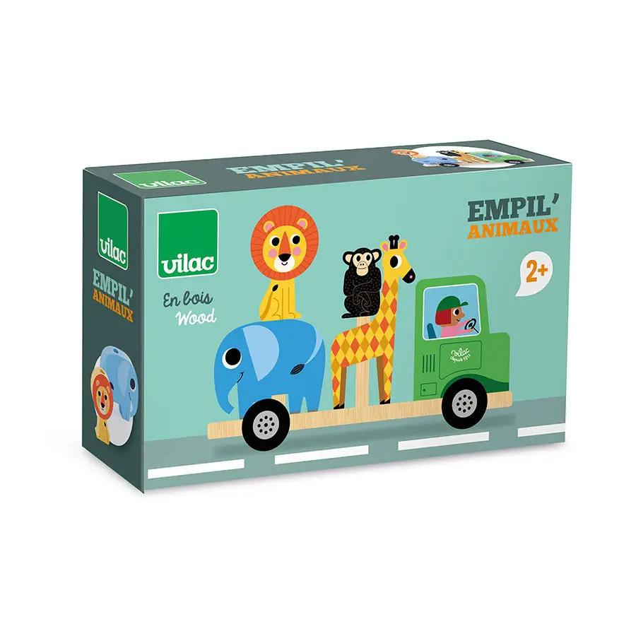 Jouet empilable en bois Empil'Animaux par Vilac, camion vert avec 4 animaux, pour enfants 2+ ans