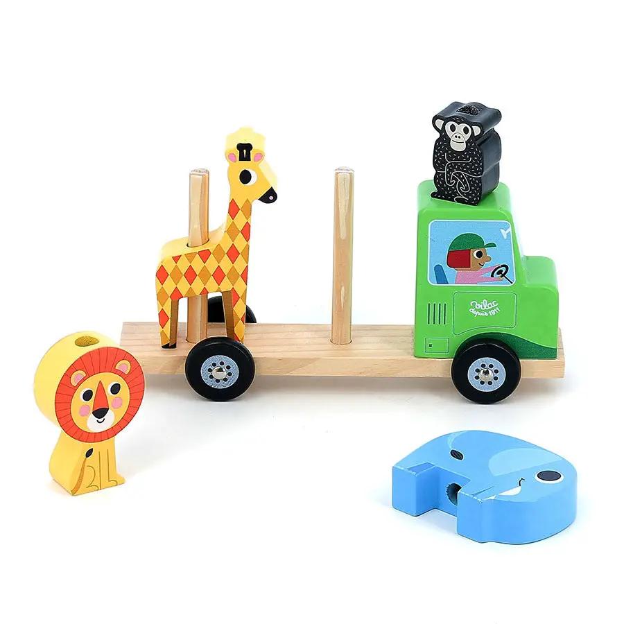 VILAC empil’animo 24m+ wooden stacking toy with lion, giraffe, monkey on green truck and blue curved piece Citron Grenadine