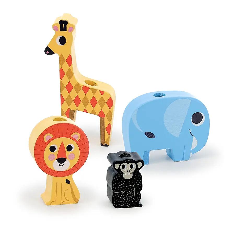 VILAC empil'animo 24m+ en bois – Citron Grenadine: 4 animaux empilables (girafe, lion, éléphant bleu, singe noir)
