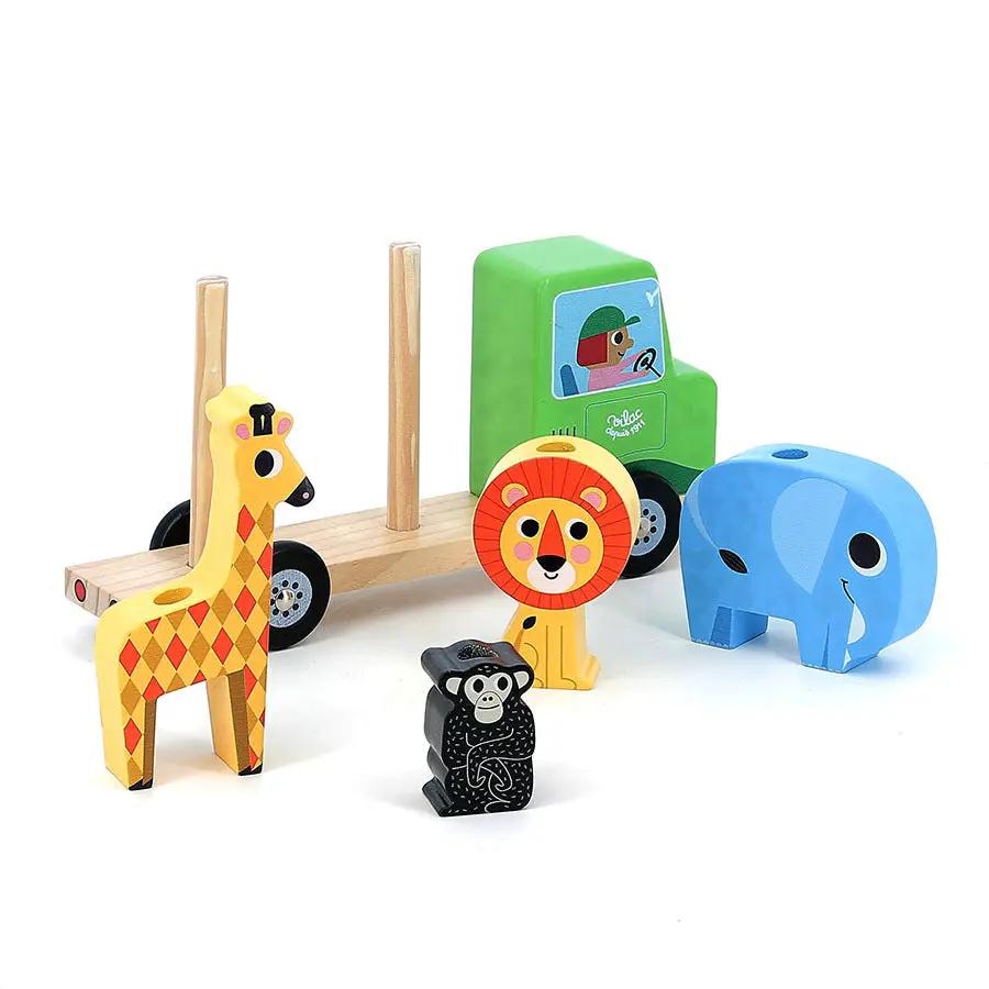 Jouet Citron Grenadine empil’animo 24m+ en bois; set de 5 pièces: girafe, lion, singe, éléphant bleu et camion vert