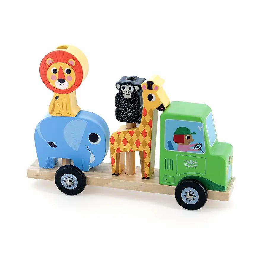 Jouet en bois VILAC empil'animo 24m+, Citron Grenadine; camion vert, éléphant bleu et girafe jaune avec lion.