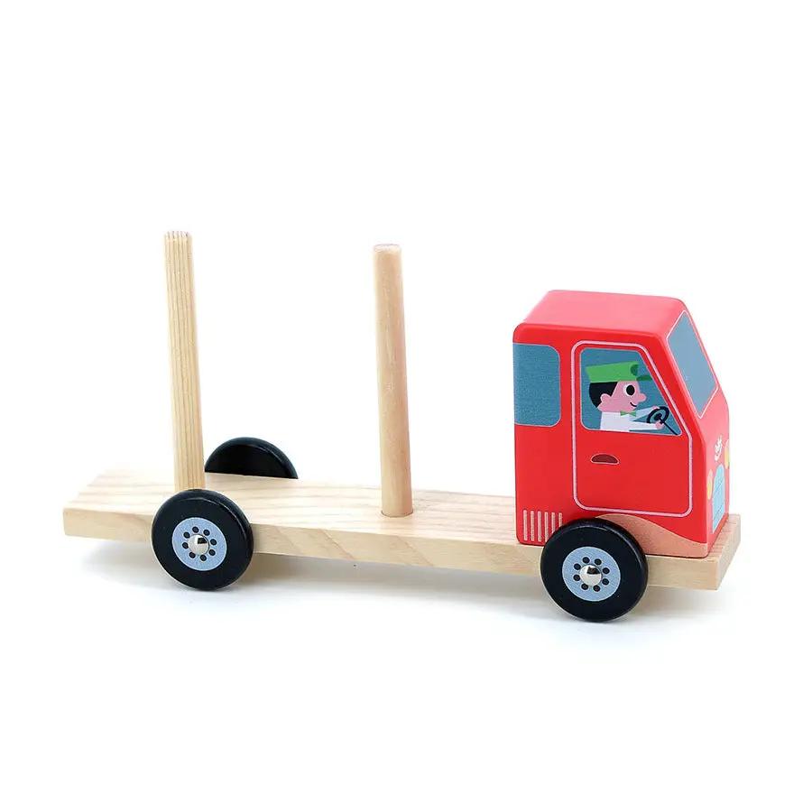 VILAC Empil’auto City wooden stacking truck with red cabin and blue-hub wheels