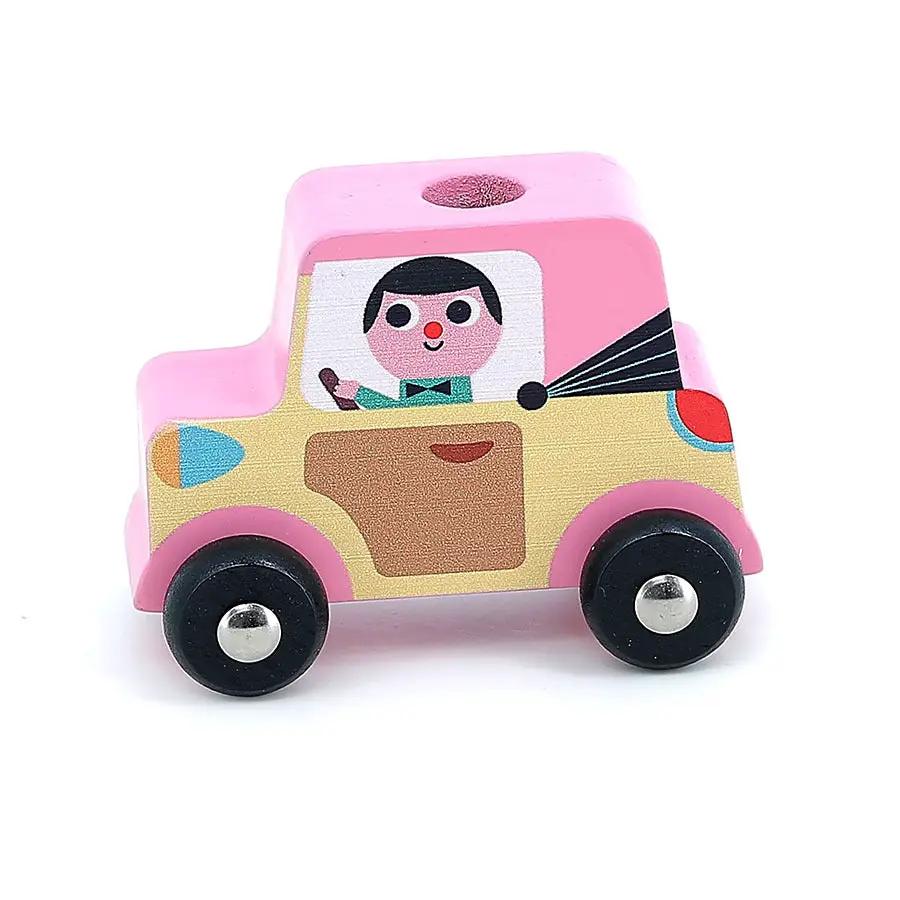 VILAC Empil’auto City wooden toy car in pink and yellow with driver illustration, 4 wheels