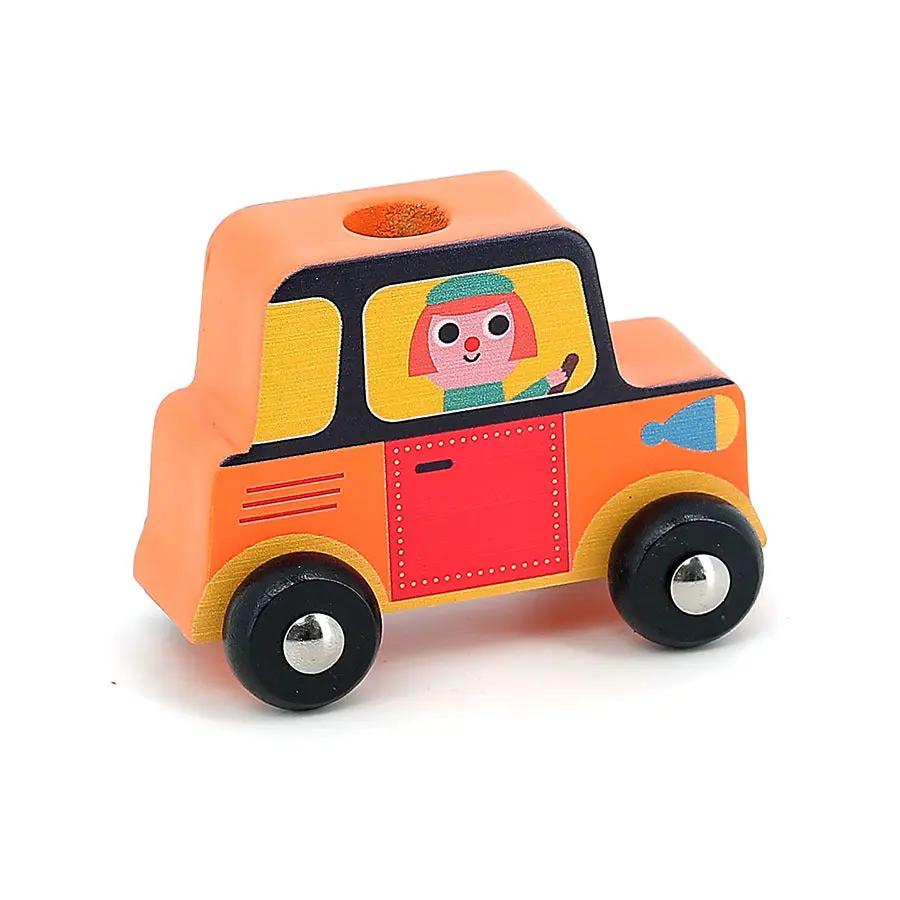 VILAC Empil’auto City 24m+ wooden toy car for sorting and stacking, orange with driver and black wheels