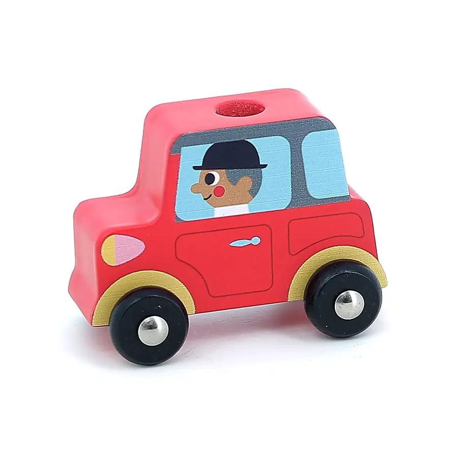 VILAC Empil’auto City wooden red car with blue windows and black wheels