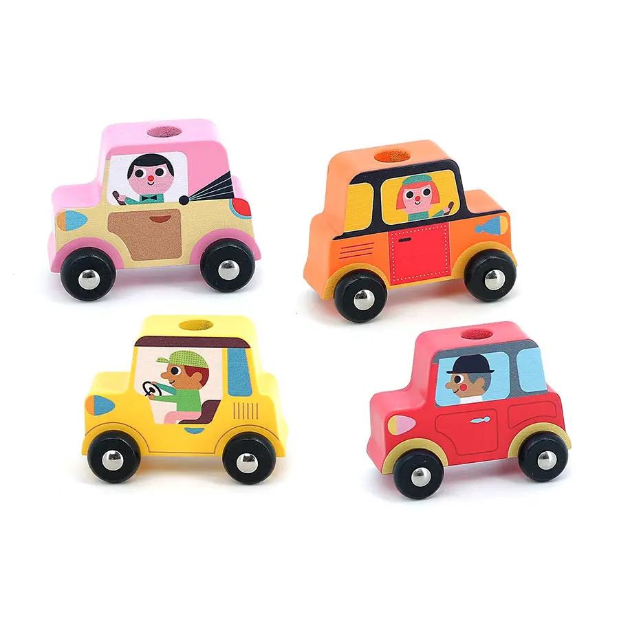 VILAC Empil’auto City wooden toy cars, 4 colorful vehicles in pink, yellow, orange and red