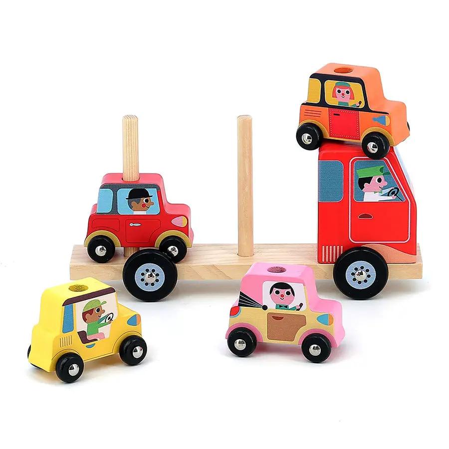 VILAC Empil’auto City wooden stackable cars set – 5 colorful vehicles on a natural wood base with two pegs
