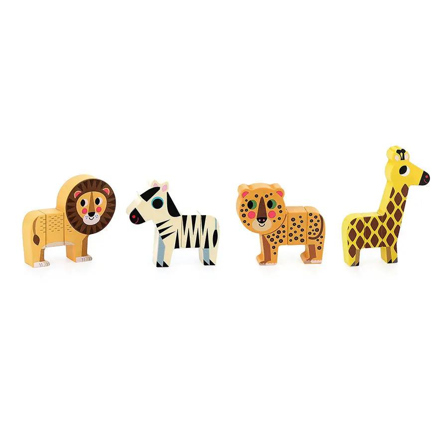 Jouets de dentition en bois savane — ensemble de 4 animaux (lion, zèbre, guépard, girafe)