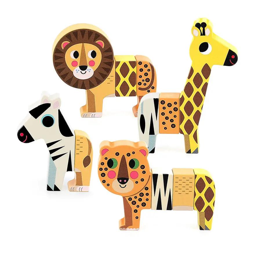 Jouet de dentition en bois Savane 24m+ par Citron Grenadine — ensemble de 4 animaux: girafe, lion, zèbre et léopard