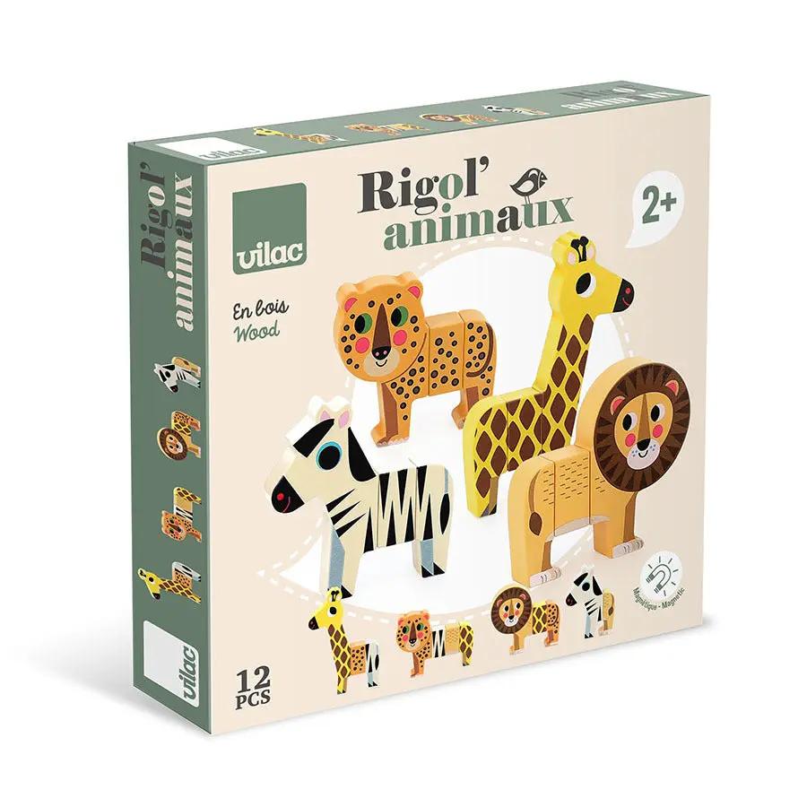 Vilac Rigol' Animaux wooden teething toys set, 12 pieces with lion, giraffe, zebra and elephant.