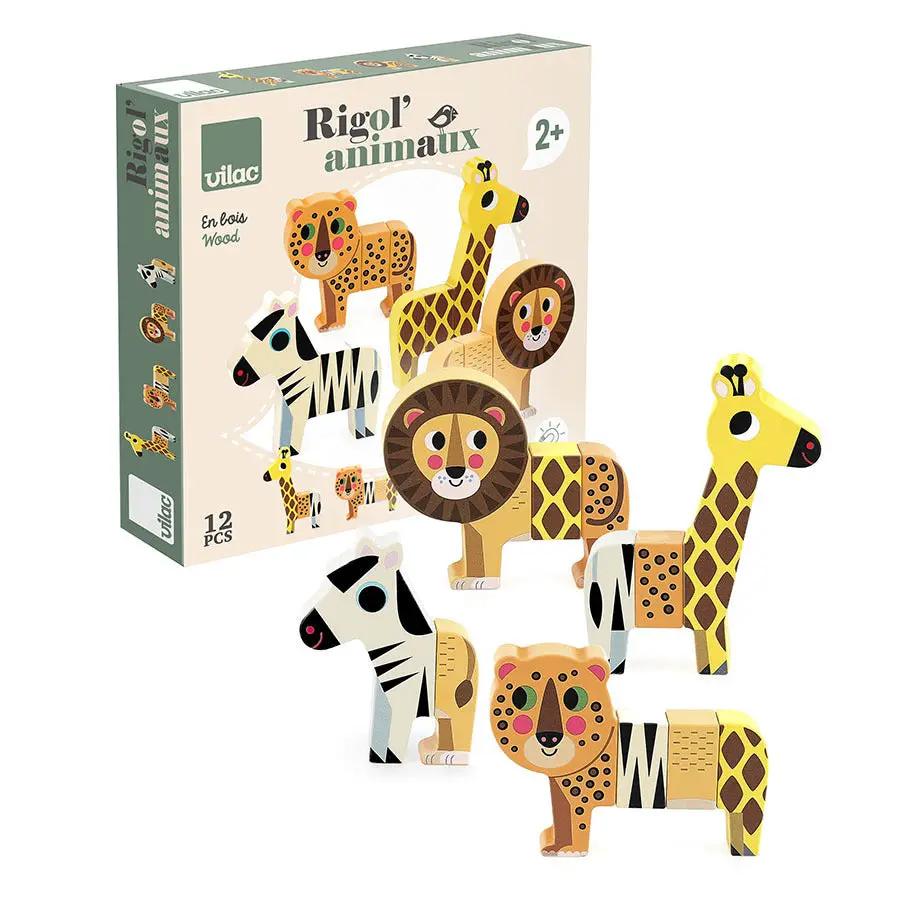 Rigol’ Animaux savane wooden toy set by Vilac, 12 pieces, ages 2+, includes lion, giraffe, zebra