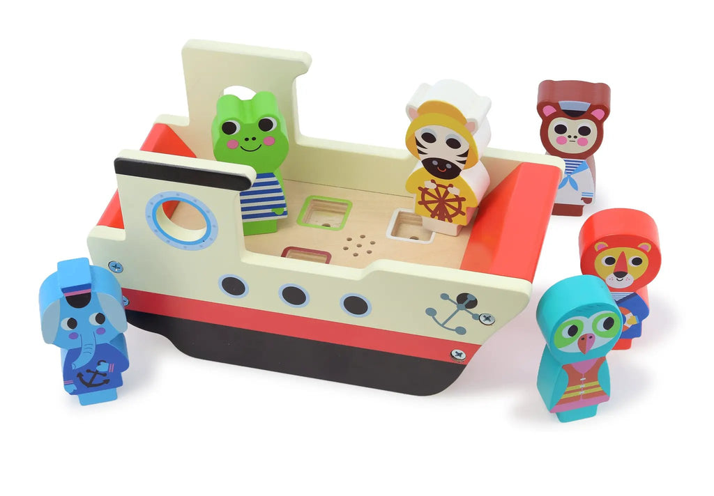 VILAC bateau sonore des animaux en bois multicolore avec figurines pour bébé, jouet d’éveil